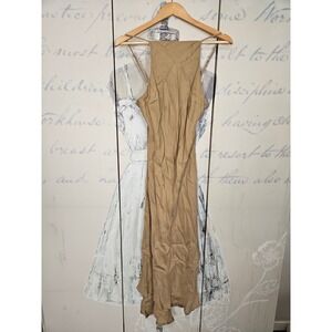 R.G. Kane Maxi Dress Small Tan Satin Cupro Slip Square Neck Bias Cut